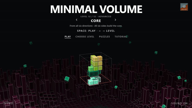 Minimal Volume: der Startlauf mit Titel und Levelwahl.