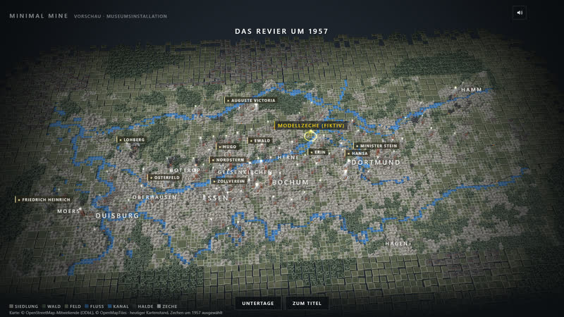 Minimal Mine 0.5: das Revier um 1957 mit den recherchierten Zechen. Karte © OpenStreetMap-Mitwirkende (ODbL), © OpenMapTiles.