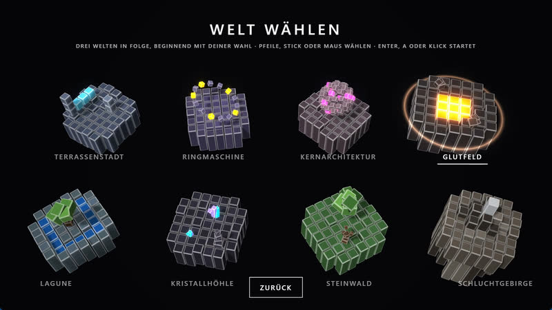Minimal Dungeon: Welt wählen – die acht Welten als Dioramen.