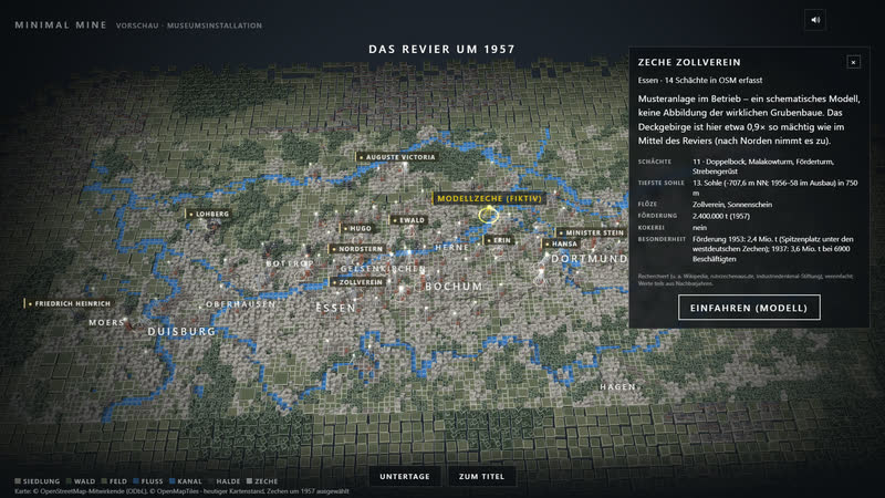 Minimal Mine 0.5: Steckbrief Zeche Zollverein – Schächte, tiefste Sohle, Flöze, Förderung 1957. Karte © OpenStreetMap-Mitwirkende (ODbL), © OpenMapTiles.