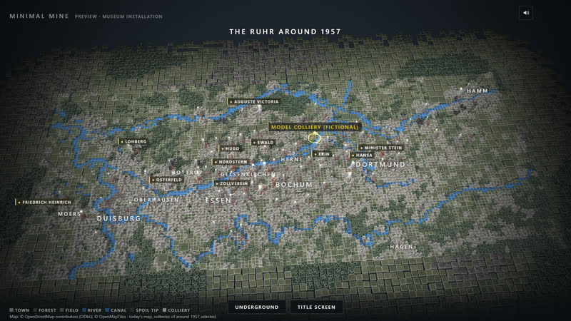 Minimal Mine 0.5: das Revier um 1957 mit den recherchierten Zechen. Karte © OpenStreetMap-Mitwirkende (ODbL), © OpenMapTiles (englische Oberfläche).